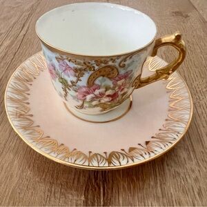 Antique 1895-1917 Lewis‎ Straus & Sons LS&S Limoges Gold Pink Flowers Cup Saucer